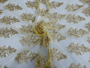 Flower Lace Fabric - Metallic Gold - Fancy Embroidery Design With Sequins on a Mesh