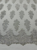 Flower Lace Fabric - Metallic Silver - Fancy Embroidery Design With Sequins on a Mesh