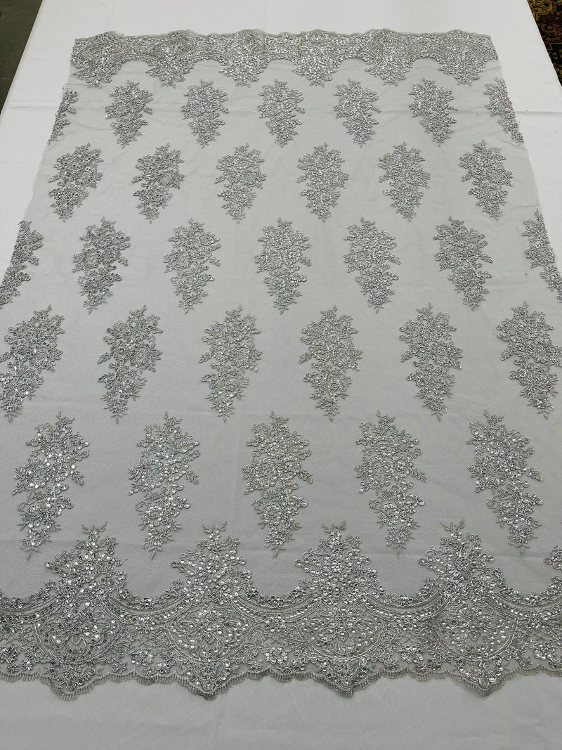 Flower Lace Fabric - Metallic Silver - Fancy Embroidery Design With Sequins on a Mesh