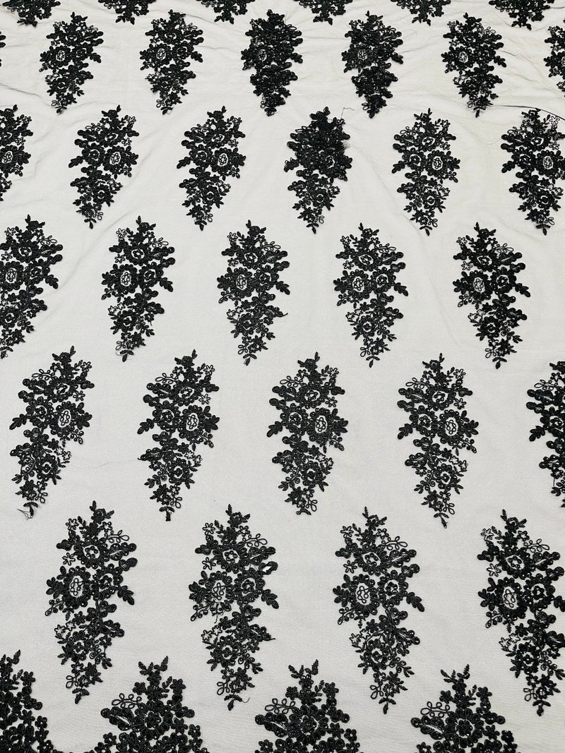 Flower Lace Fabric - Black - Fancy Embroidery Design With Sequins on a Mesh