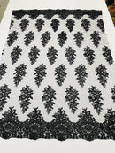 Flower Lace Fabric - Black - Fancy Embroidery Design With Sequins on a Mesh