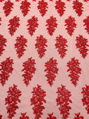 Flower Lace Fabric - Red - Fancy Embroidery Design With Sequins on a Mesh