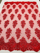 Flower Lace Fabric - Red - Fancy Embroidery Design With Sequins on a Mesh
