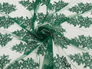 Flower Lace Fabric - Hunter Green - Fancy Embroidery Design With Sequins on a Mesh