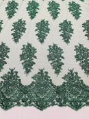 Flower Lace Fabric - Hunter Green - Fancy Embroidery Design With Sequins on a Mesh