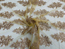 Flower Lace Fabric - Taupe - Fancy Embroidery Design With Sequins on a Mesh