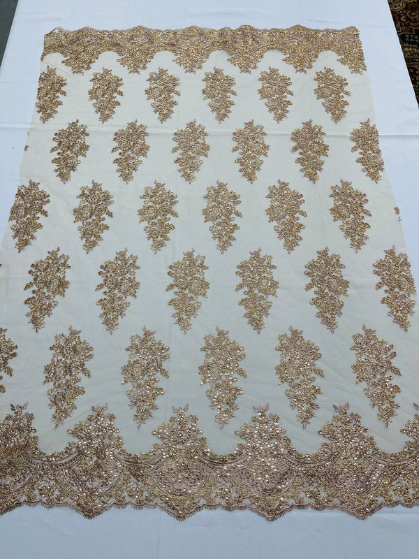 Flower Lace Fabric - Taupe - Fancy Embroidery Design With Sequins on a Mesh