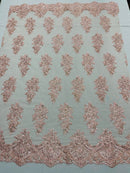 Flower Lace Fabric - Pink - Fancy Embroidery Design With Sequins on a Mesh