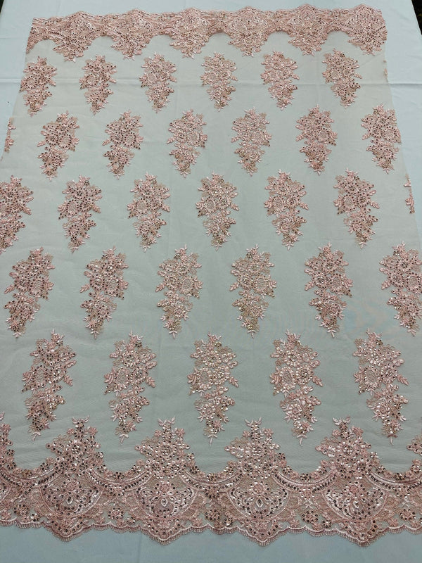 Flower Lace Fabric - Pink - Fancy Embroidery Design With Sequins on a Mesh