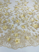 Flower 3D Fabric - Champagne - Embroided Fabric Flower Pearls and Leaf Decor by Yard