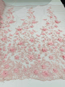 Flower 3D Fabric - Pink - Embroided Fabric Flower Pearls and Leaf Decor Sold by The Yard