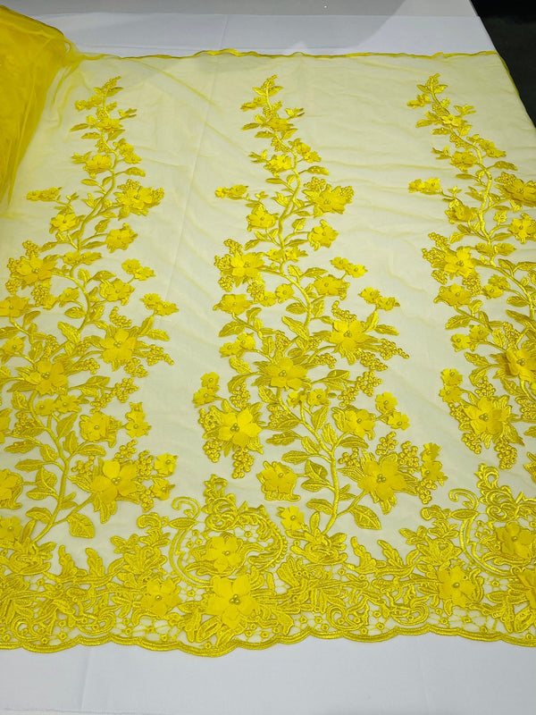 Flower 3D Fabric - Yellow - Embroided Fabric Flower Pearls and Leaf Decor by Yard