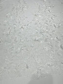 Flower 3D Fabric - White - Embroided Fabric Flower Pearls and Leaf Decor by Yard