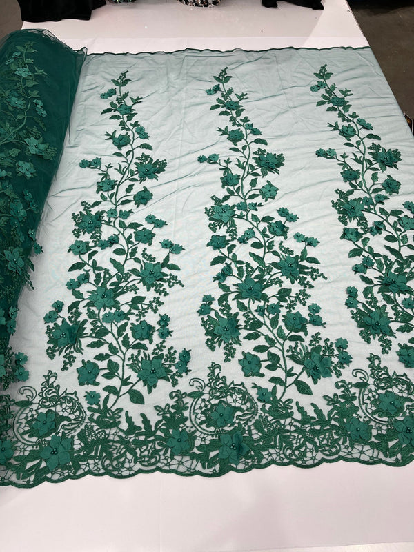 Flower 3D Fabric - Hunter Green - Embroided Fabric Flower Pearls and Leaf Decor by Yard
