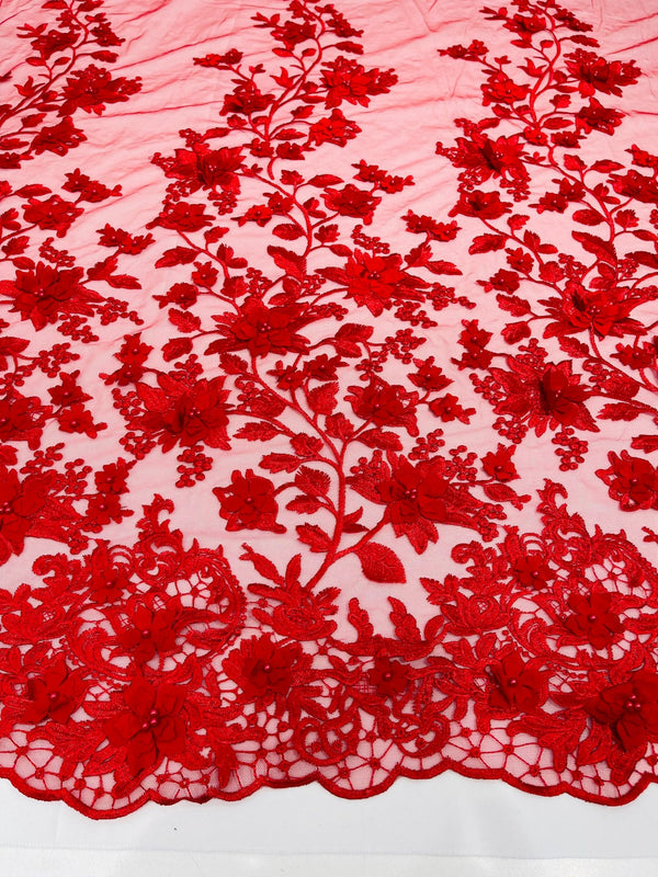 Flower 3D Fabric - Red - Embroided Fabric Flower Pearls and Leaf Decor Sold by The Yard
