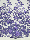 Flower 3D Fabric - Lilac - Embroided Fabric Flower Pearls and Leaf Decor by Yard