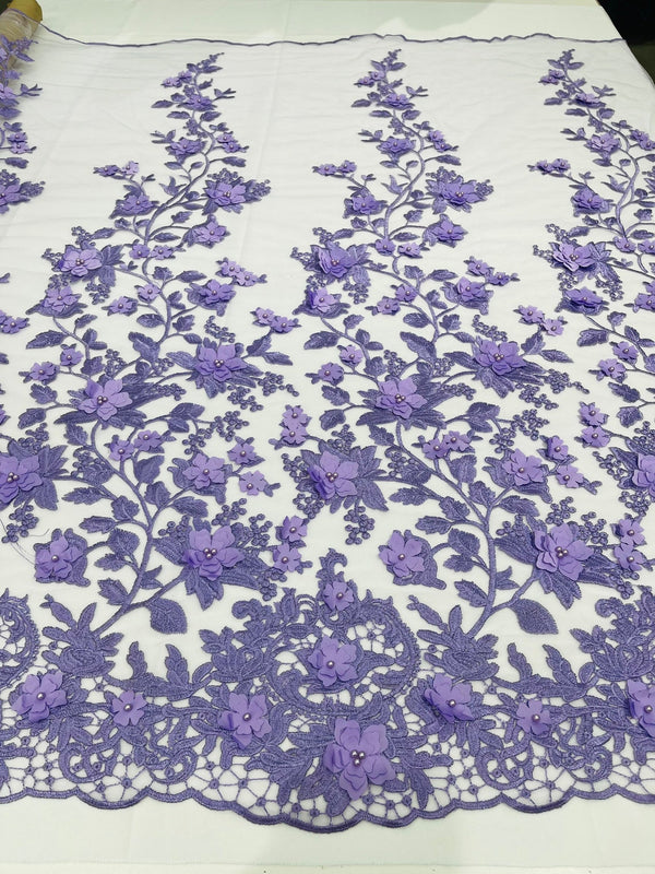 Flower 3D Fabric - Lilac - Embroided Fabric Flower Pearls and Leaf Decor by Yard