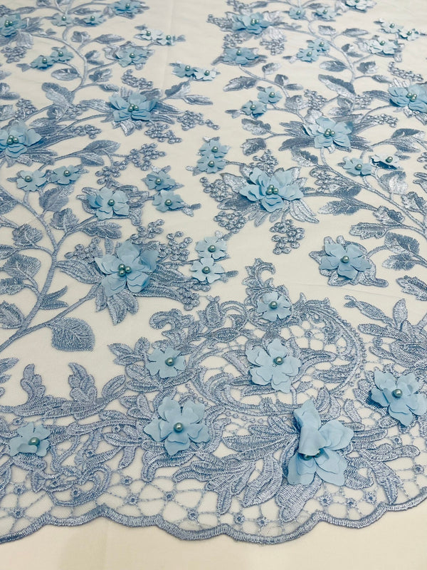 Flower 3D Fabric - Baby Blue - Embroided Fabric Flower Pearls and Leaf Decor by Yard