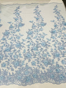 Flower 3D Fabric - Baby Blue - Embroided Fabric Flower Pearls and Leaf Decor by Yard