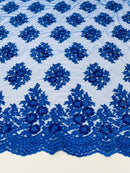 Floral Lace Fabric - Royal Blue - Flower Cluster Embroidery Design With Sequins on a Mesh