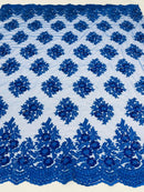 Floral Lace Fabric - Royal Blue - Flower Cluster Embroidery Design With Sequins on a Mesh