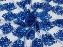 Floral Lace Fabric - Royal Blue - Flower Cluster Embroidery Design With Sequins on a Mesh