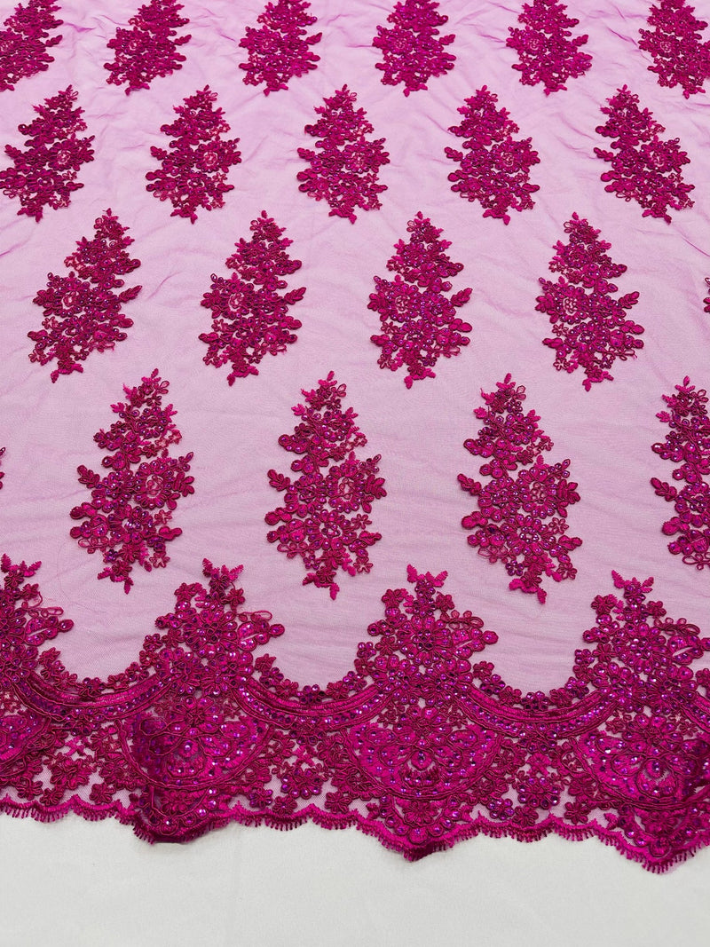Flower Lace Fabric - Magenta - Fancy Embroidery Design With Sequins on a Mesh