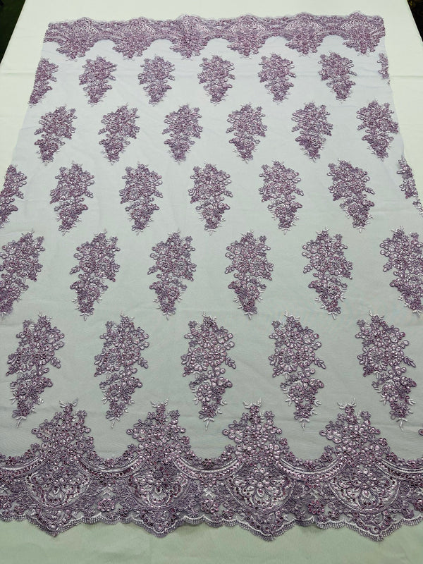 Flower Lace Fabric - Lilac - Fancy Embroidery Design With Sequins on a Mesh