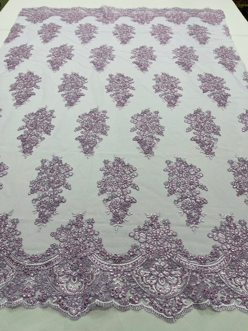 Flower Lace Fabric - Lilac - Fancy Embroidery Design With Sequins on a Mesh