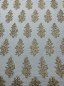 Flower Lace Fabric - Metallic Gold / Nude - Fancy Embroidery Design With Sequins on a Mesh