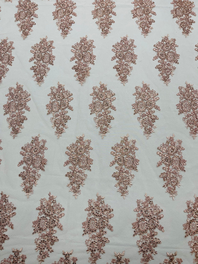 Flower Lace Fabric - Dusty Rose - Fancy Embroidery Design With Sequins on a Mesh