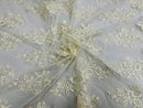 Flower Lace Fabric - Ivory - Fancy Embroidery Design With Sequins on a Mesh