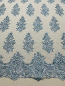 Flower Lace Fabric - Baby Blue - Fancy Embroidery Design With Sequins on a Mesh