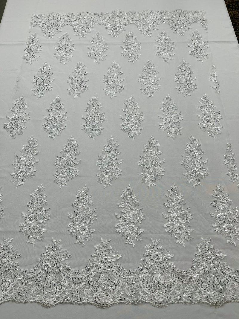 Flower Lace Fabric - White Silver - Fancy Embroidery Design With Sequins on a Mesh