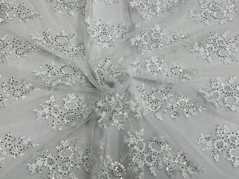 Flower Lace Fabric - White Silver - Fancy Embroidery Design With Sequins on a Mesh
