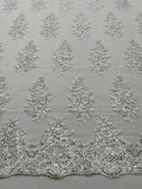 Flower Lace Fabric - White Silver - Fancy Embroidery Design With Sequins on a Mesh