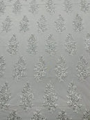 Flower Lace Fabric - White Silver - Fancy Embroidery Design With Sequins on a Mesh