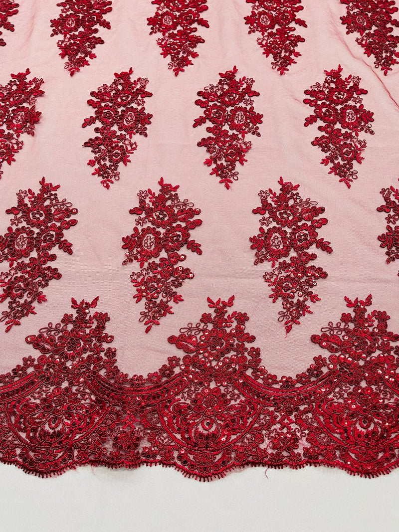 Flower Lace Fabric - Burgundy - Fancy Embroidery Design With Sequins on a Mesh