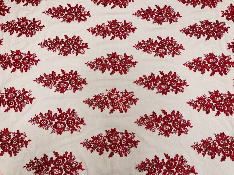 Flower Lace Fabric - Burgundy - Fancy Embroidery Design With Sequins on a Mesh