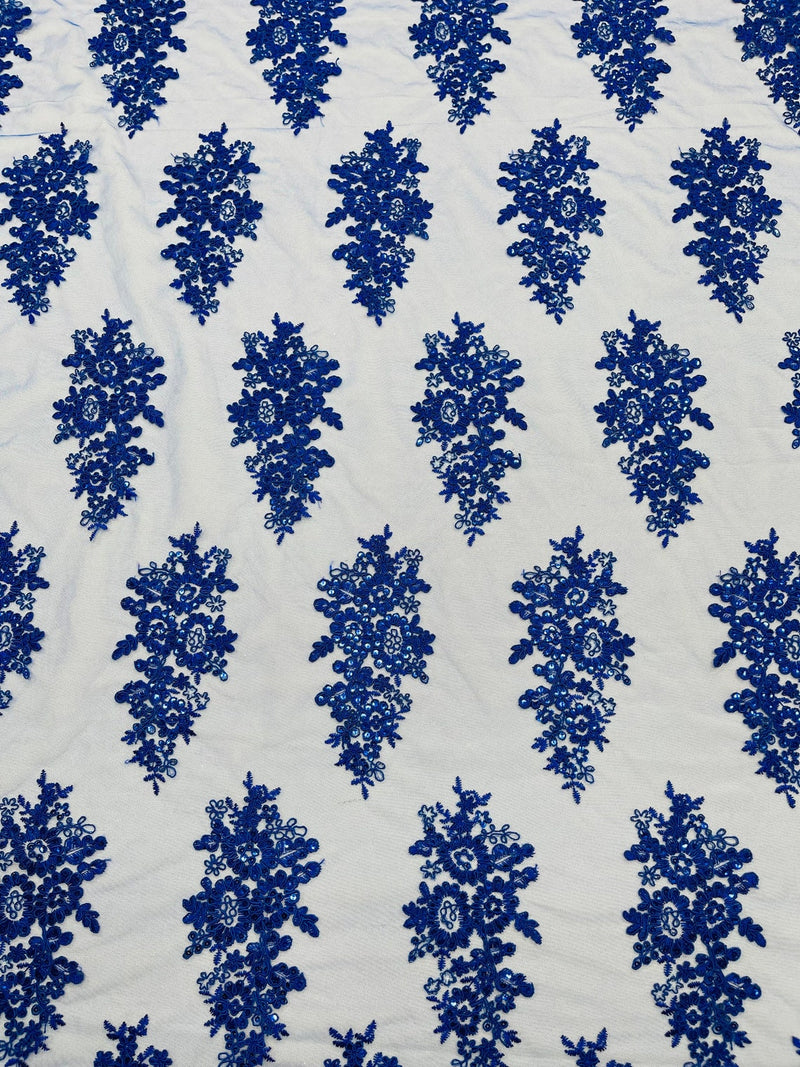 Flower Lace Fabric - Royal Blue - Fancy Embroidery Design With Sequins on a Mesh