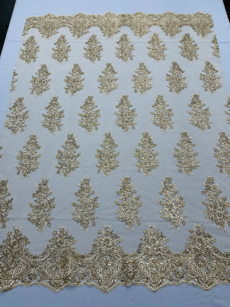 Flower Lace Fabric - Metallic Gold - Fancy Embroidery Design With Sequins on a Mesh