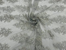 Flower Lace Fabric - Metallic Silver - Fancy Embroidery Design With Sequins on a Mesh
