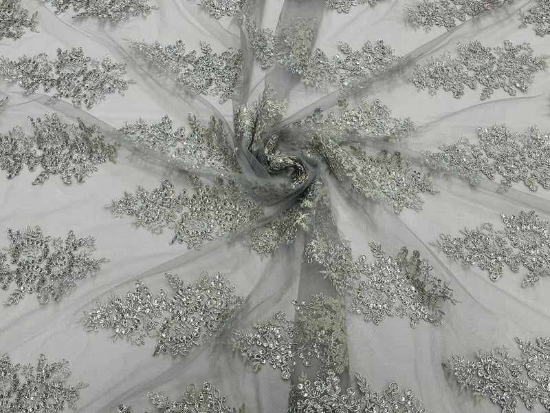 Flower Lace Fabric - Metallic Silver - Fancy Embroidery Design With Sequins on a Mesh
