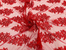 Flower Lace Fabric - Red - Fancy Embroidery Design With Sequins on a Mesh