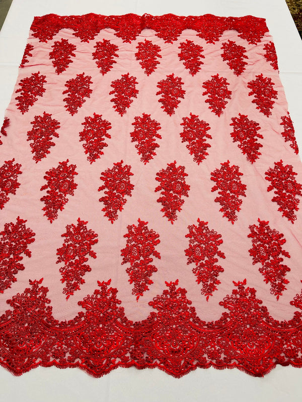 Flower Lace Fabric - Red - Fancy Embroidery Design With Sequins on a Mesh