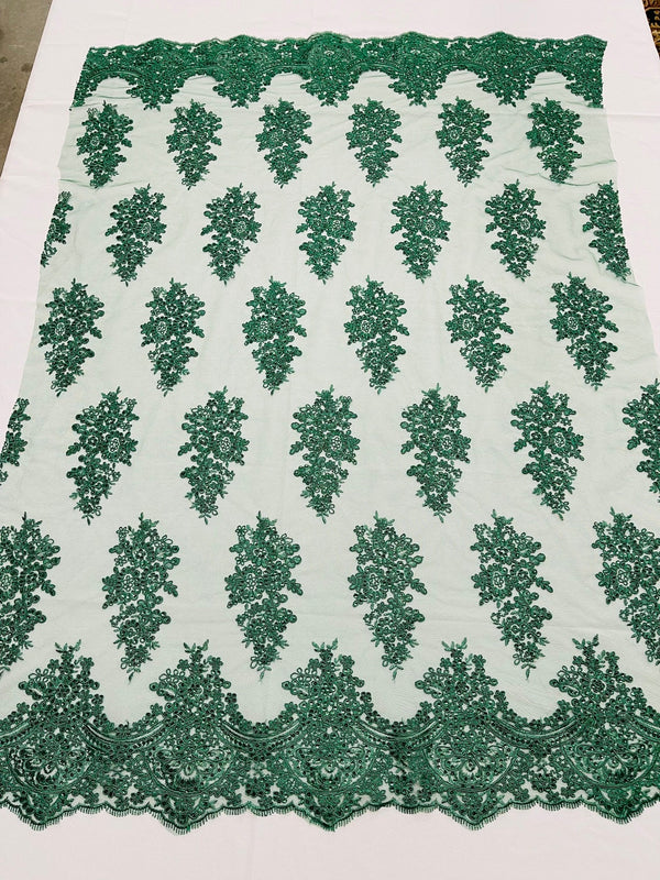 Flower Lace Fabric - Hunter Green - Fancy Embroidery Design With Sequins on a Mesh