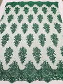 Flower Lace Fabric - Hunter Green - Fancy Embroidery Design With Sequins on a Mesh