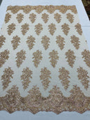 Flower Lace Fabric - Taupe - Fancy Embroidery Design With Sequins on a Mesh