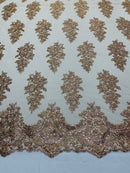 Flower Lace Fabric - Taupe - Fancy Embroidery Design With Sequins on a Mesh