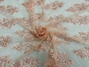 Flower Lace Fabric - Pink - Fancy Embroidery Design With Sequins on a Mesh